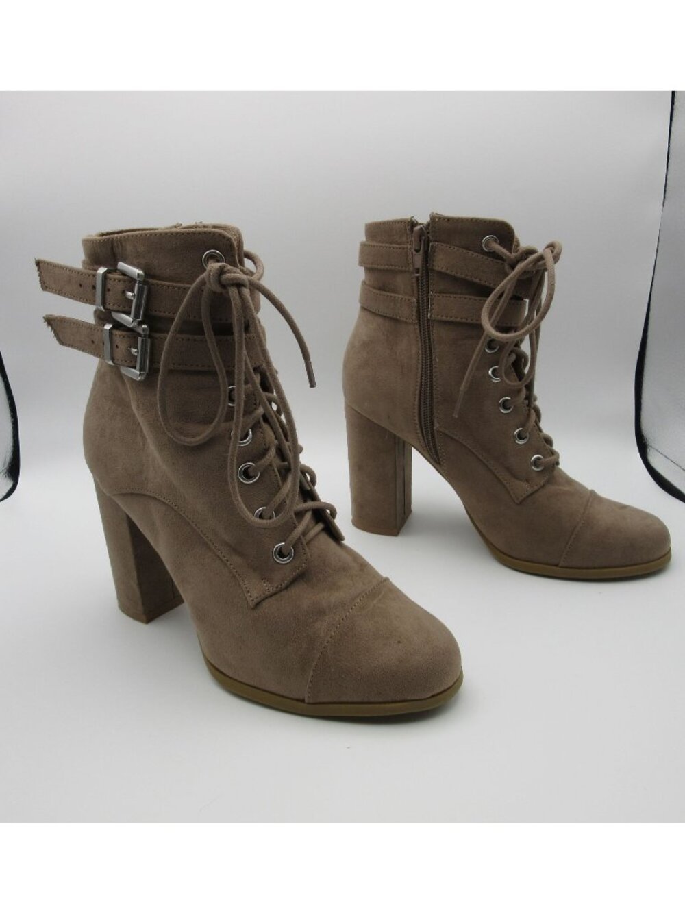 Madden Girl Booties Klaim Lace Up Buckle Combat Heels Tan Suede Women 6.5 Chunky
